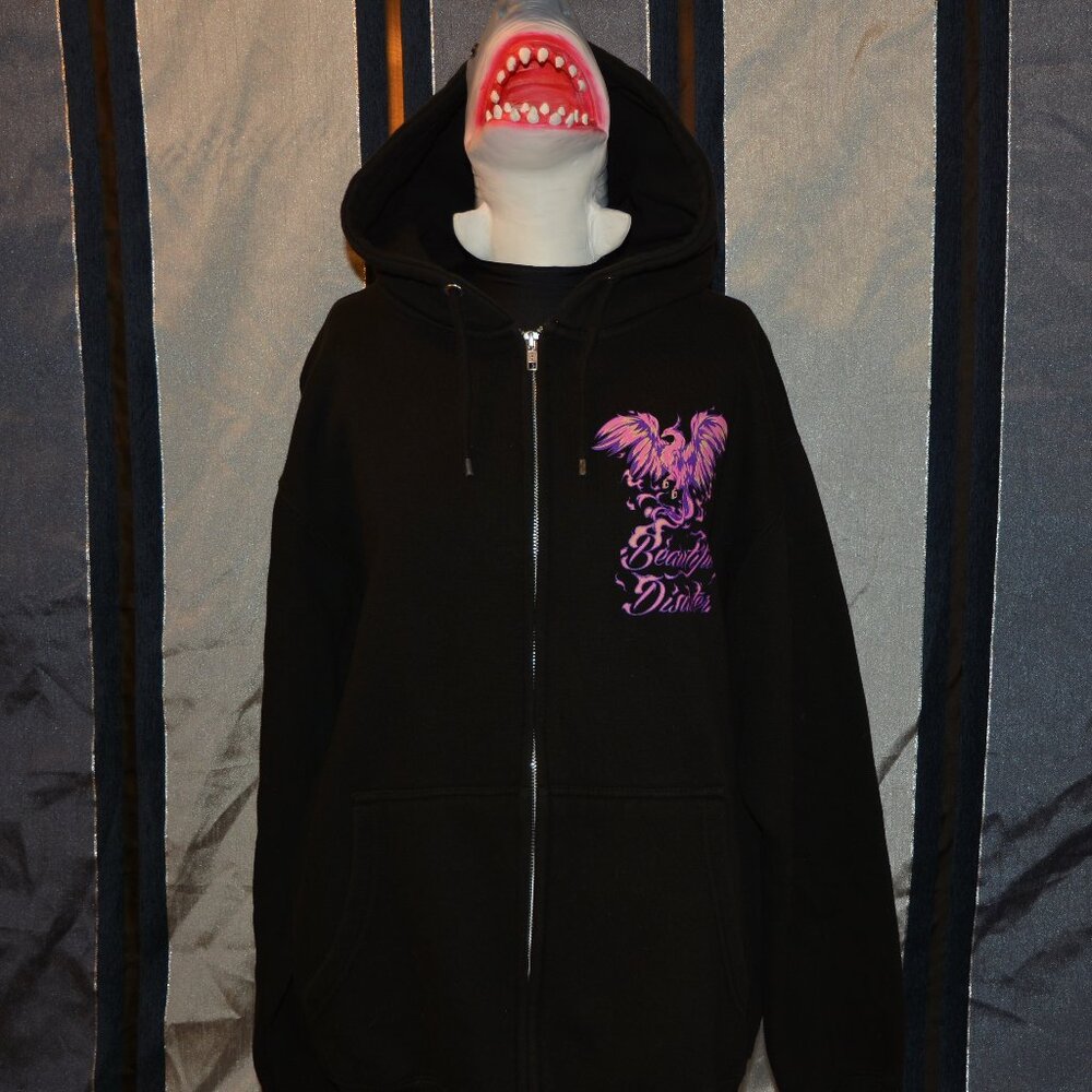 Beautiful Disaster Zip Up Phoenix Rising Hoodie Black with colored Graphics EUC